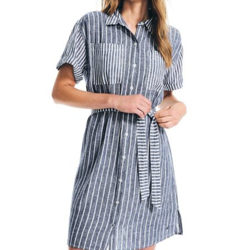 Nautica | Blue & Bright White Stripe Linen-Blend Belted Shirt Dress Medium NWT